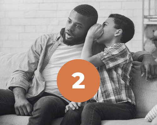 foto di una presunta famiglia. a destra c'è un bambino vestito con camicia a quadri che dice qualcosa all'orecchio di un altro signore vestito in abiti casual